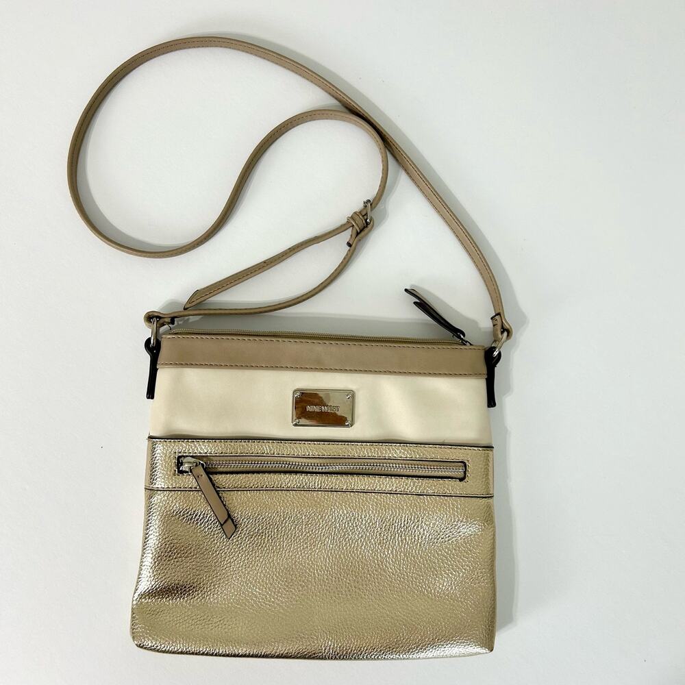 Nine West Crossbody Purse Metalic Gold Cream Tan Two Tone Vegan Bag